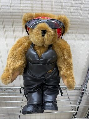 Authentic Vermont Teddy Bear Biker Bear in Faux leather, bandana & sunglasses.